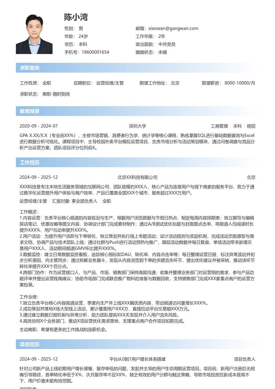1年内经验运营经理/主管简历模板（直观款）