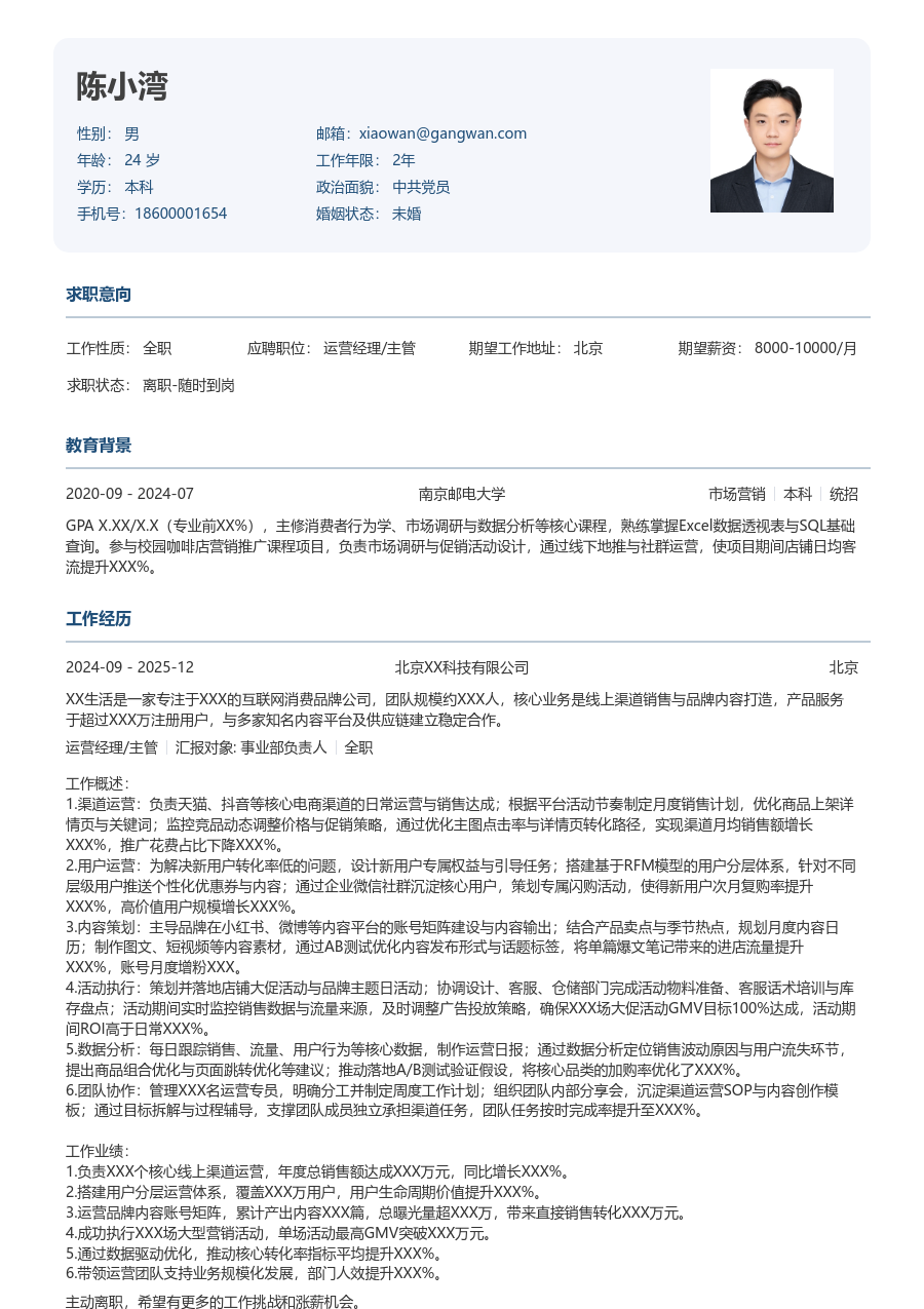 1-3年经验运营经理/主管简历模板（严谨布局）