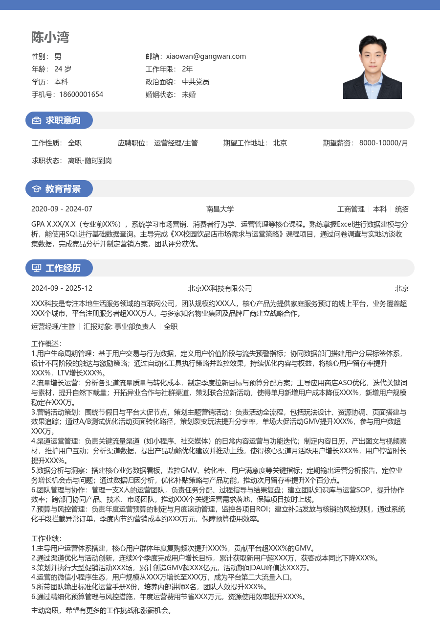 10+年经验运营经理/主管简历模板（活力格式） - 包含工作经历、项目经验的运营经理/主管简历模板预览图