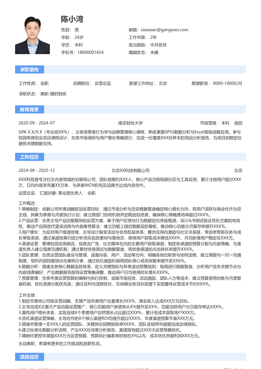 3-5年经验运营总监简历模板（通用排版）