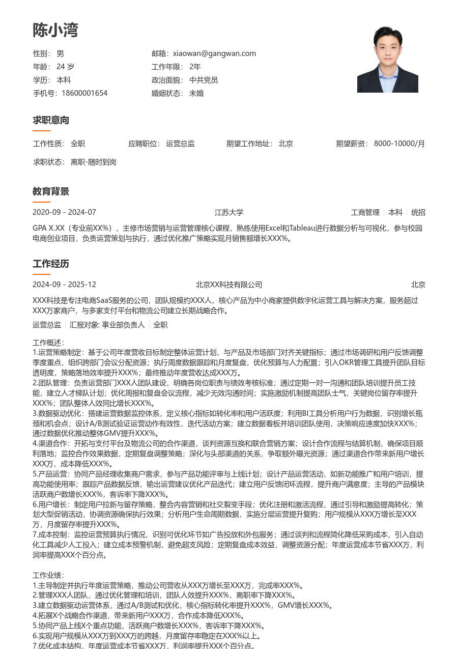 5-10年经验运营总监简历模板（整洁布局）