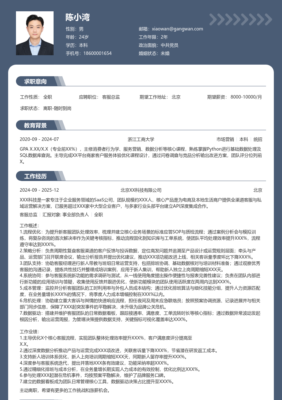 大学生客服总监简历模板(专业风格) - 包含工作经历、项目经验的客服总监简历模板预览图