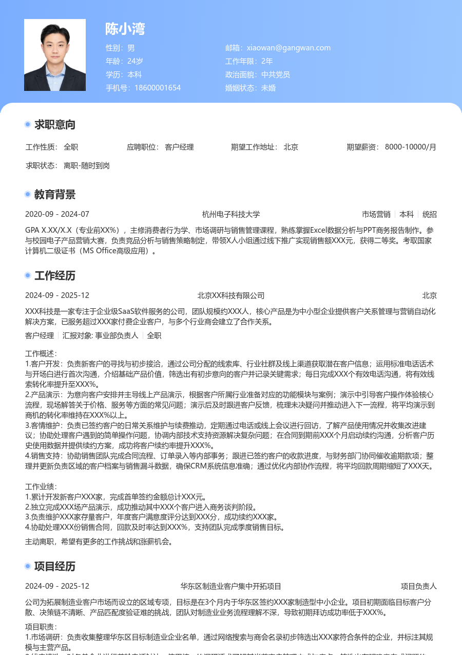 1年内经验客户经理简历模板（亮眼格式）