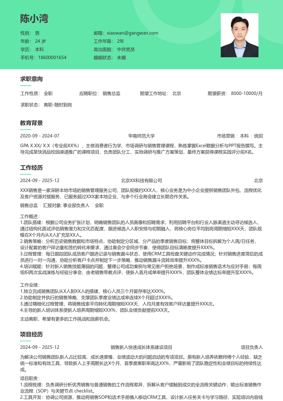 1年内经验销售总监简历模板（自然格式）