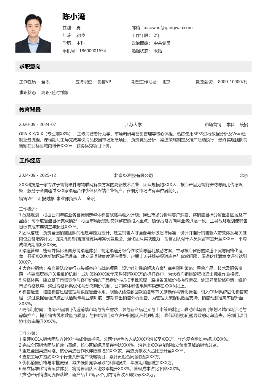 5-10年经验销售VP简历模板（分层风格）