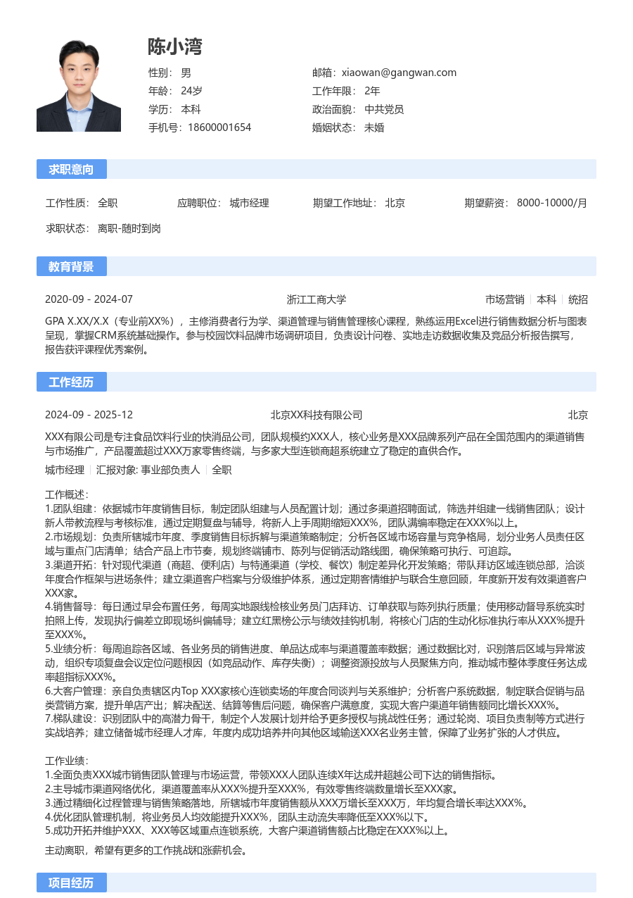 10+年经验城市经理简历模板（经典版）