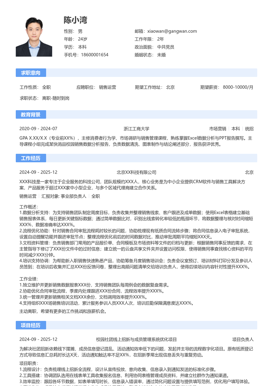 第一份实习销售运营简历模板(经典版) - 包含工作经历、项目经验的销售运营简历模板预览图