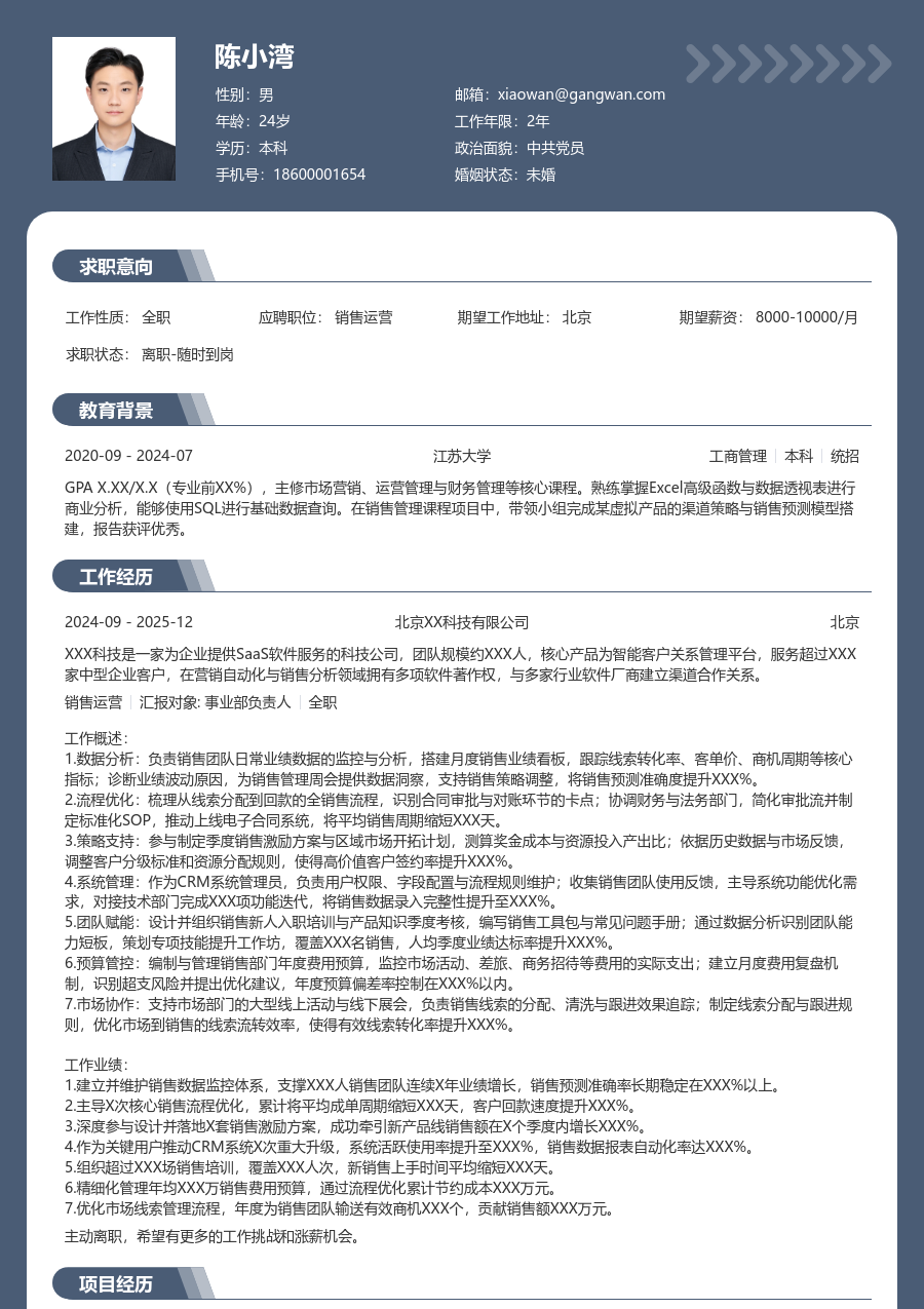 5-10年经验销售运营简历模板（稳重版）
