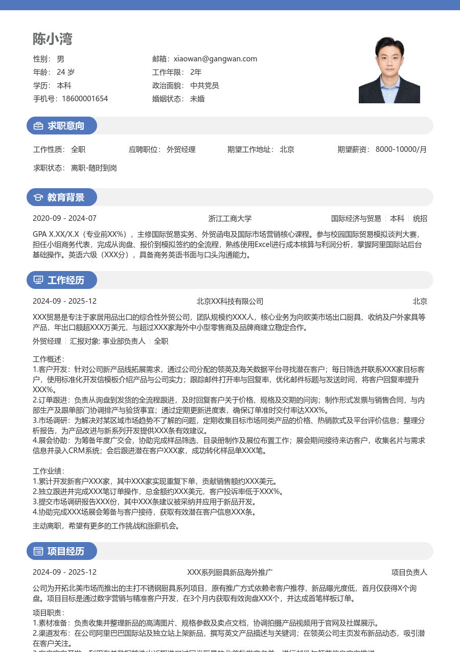 1年内经验外贸经理简历模板（活力风格）