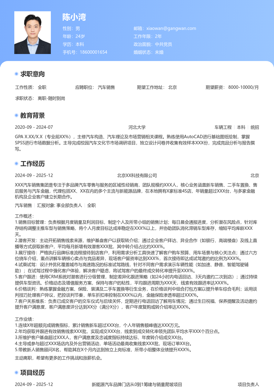 10+年经验汽车销售简历模板（突出格式）