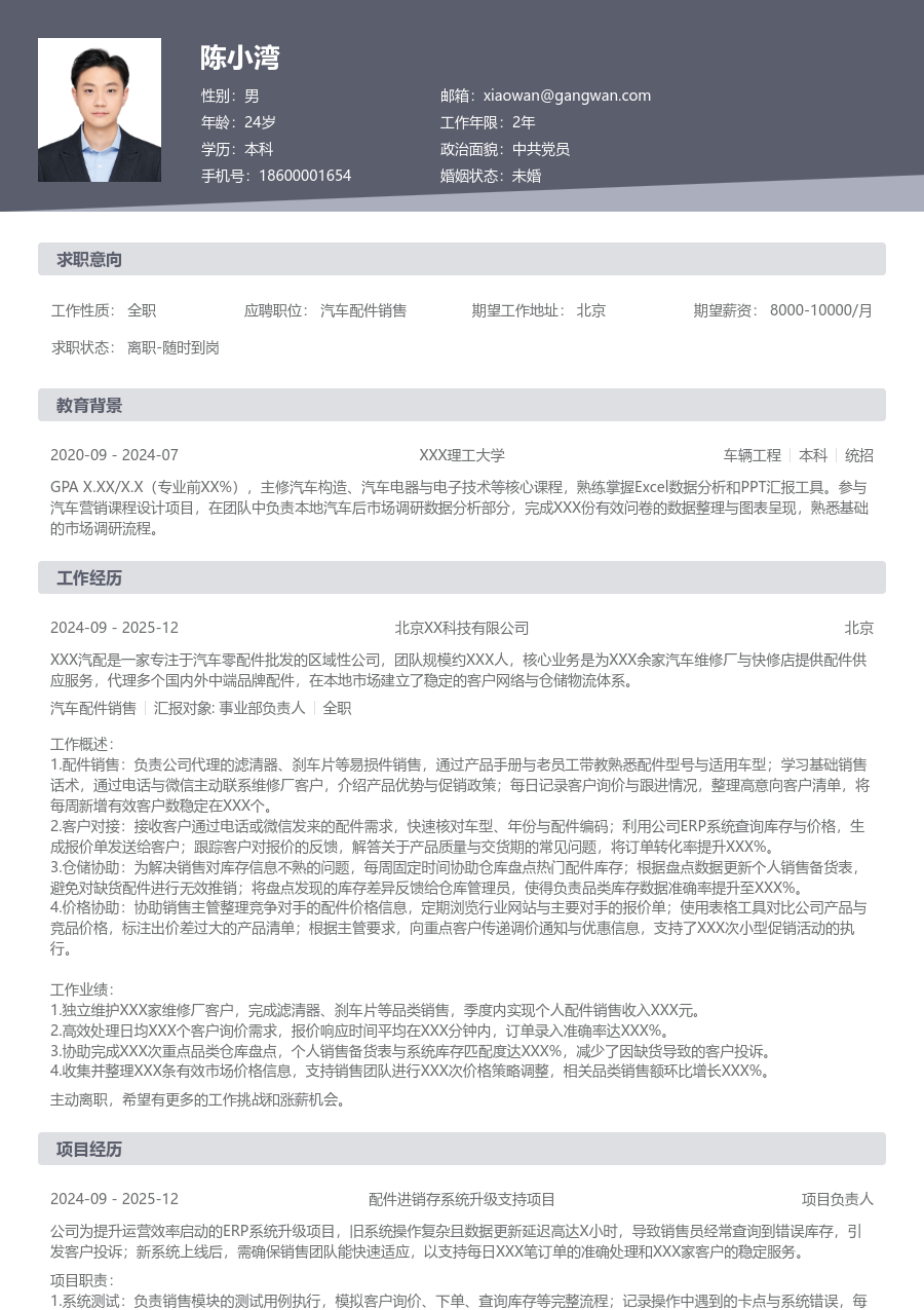 1年内经验汽车配件销售简历模板(正规设计) - 包含工作经历、项目经验的汽车配件销售简历模板预览图