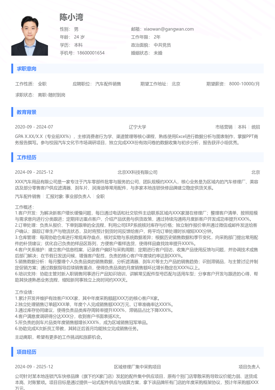 1-3年经验汽车配件销售简历模板(基础风) - 包含工作经历、项目经验的汽车配件销售简历模板预览图