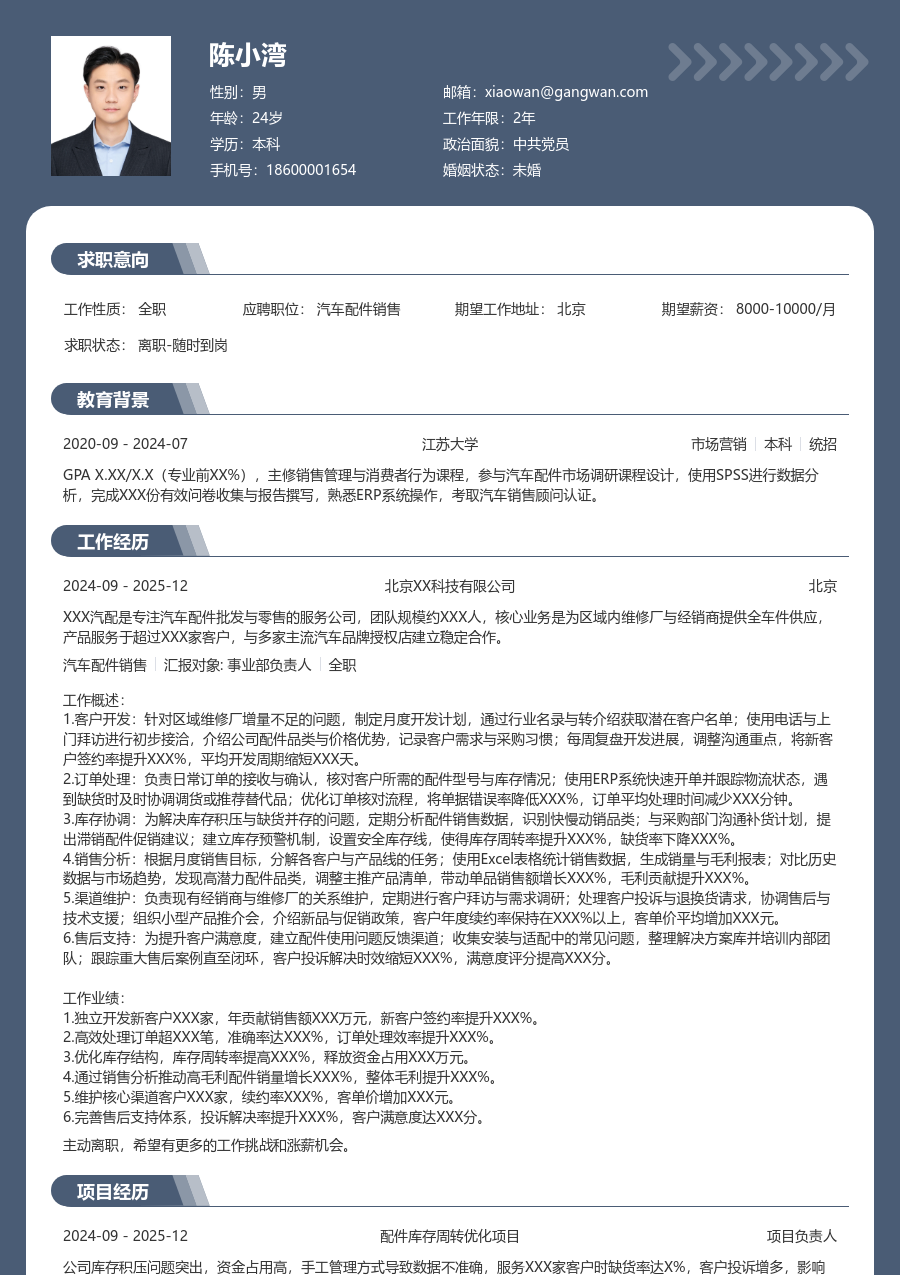3-5年经验汽车配件销售简历模板（专业布局）