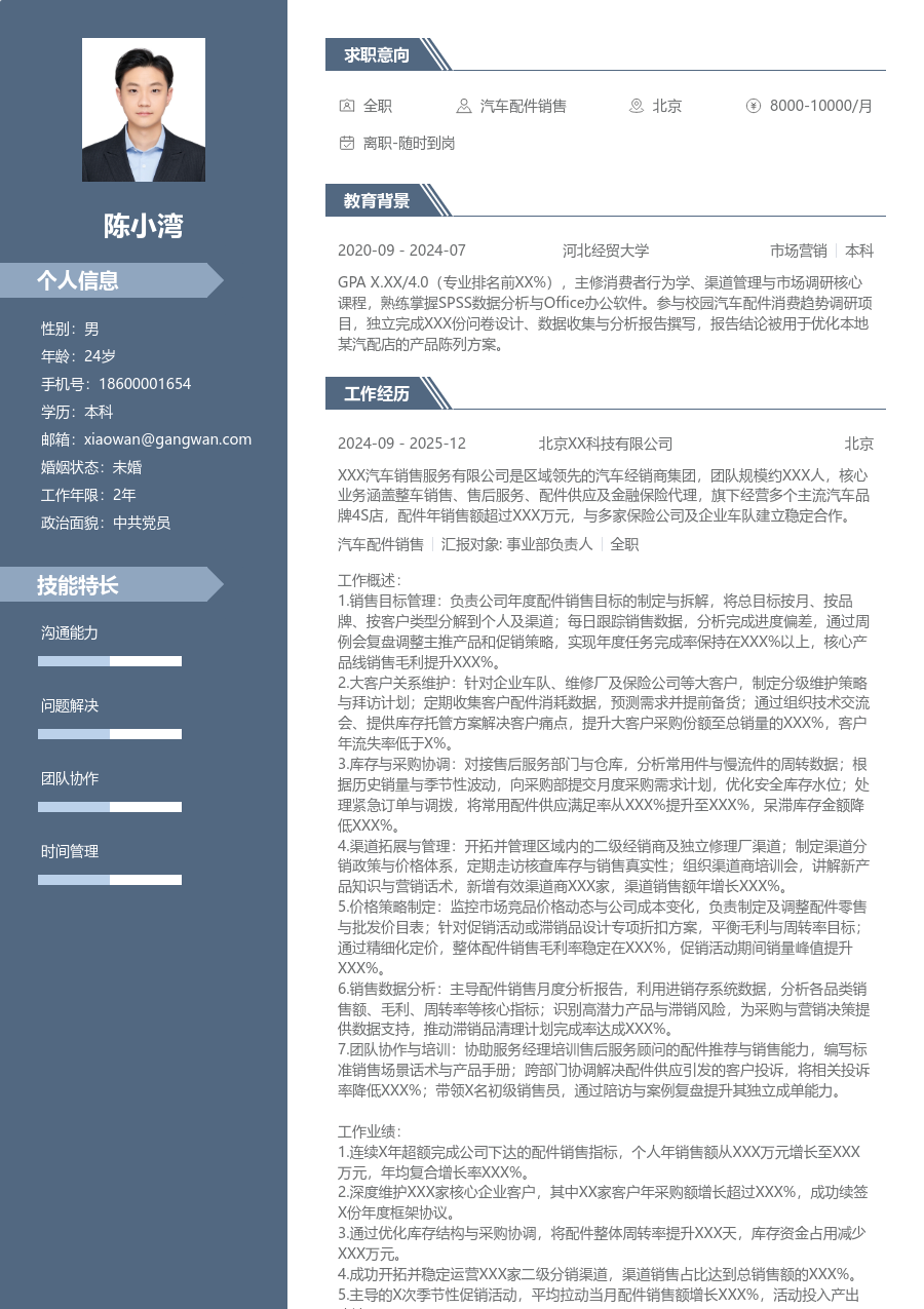 5-10年经验汽车配件销售简历模板（商务风格）
