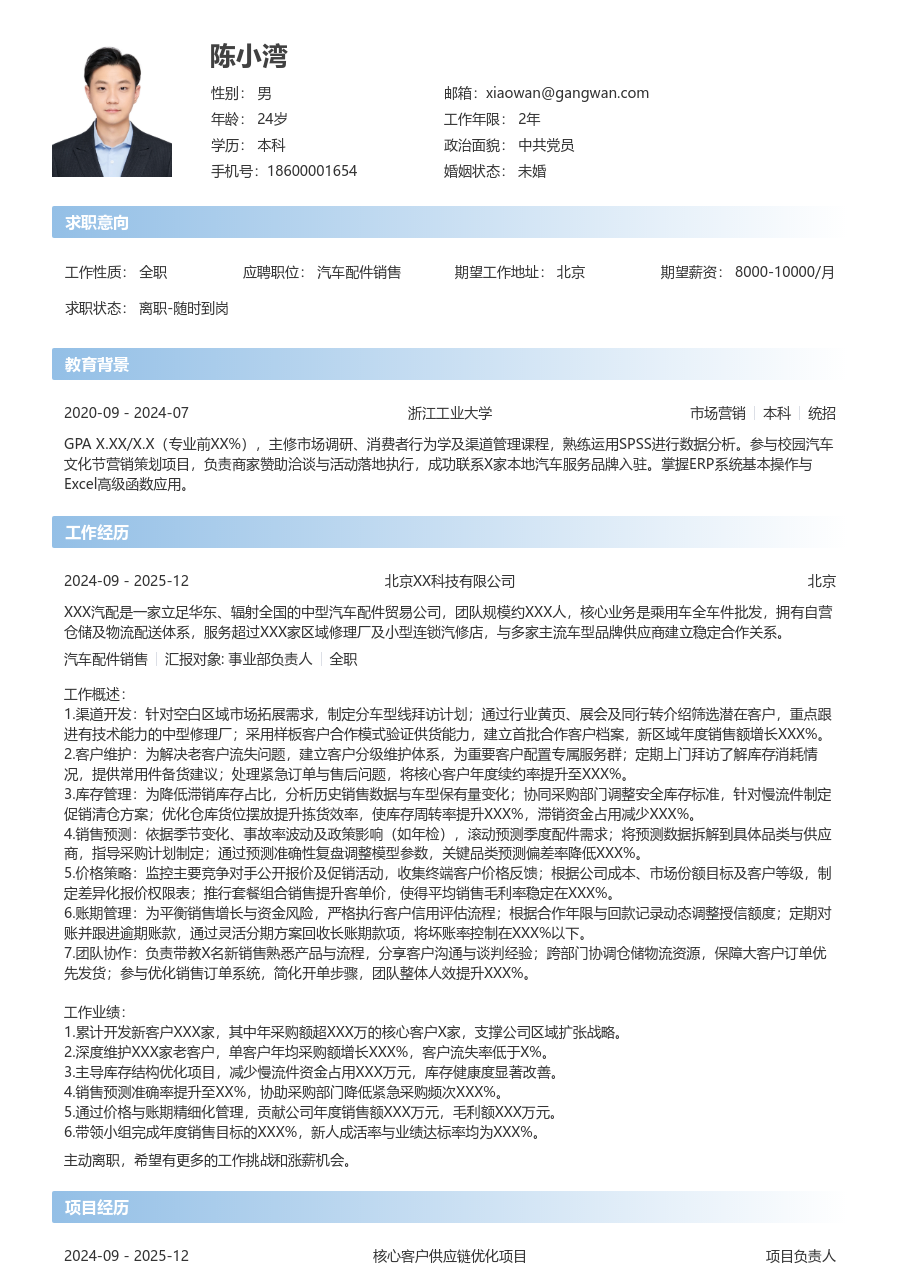 10+年经验汽车配件销售简历模板（直接款）