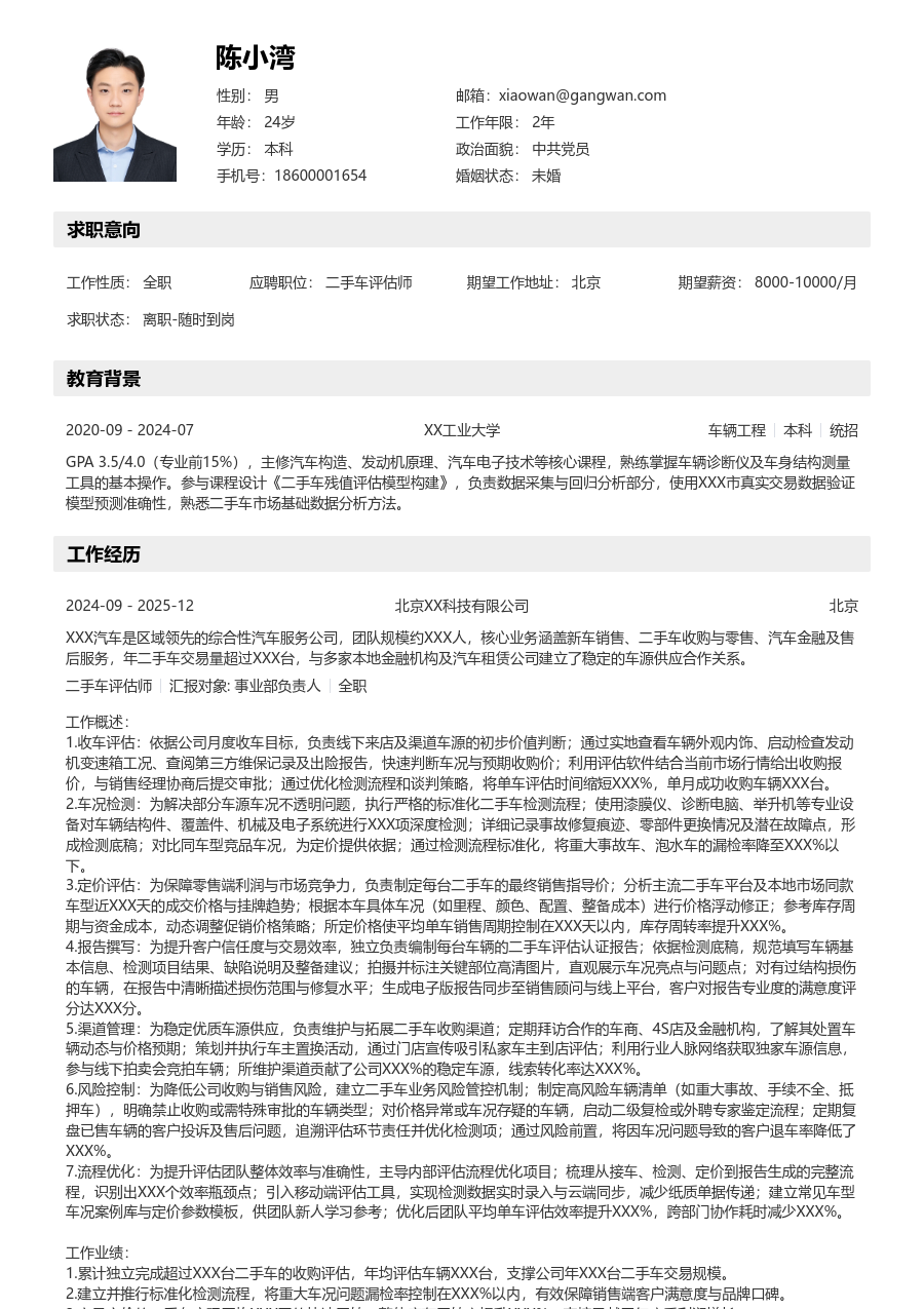 10+年经验二手车评估师简历模板(工整设计) - 包含工作经历、项目经验的二手车评估师简历模板预览图