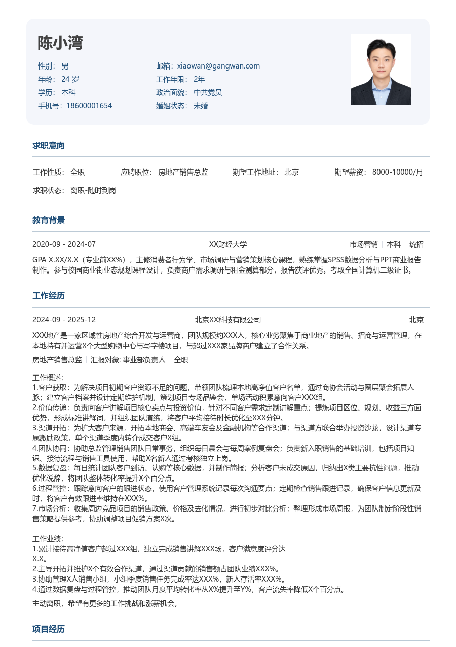 1年内经验房地产销售总监简历模板(方正设计) - 包含工作经历、项目经验的房地产销售总监简历模板预览图