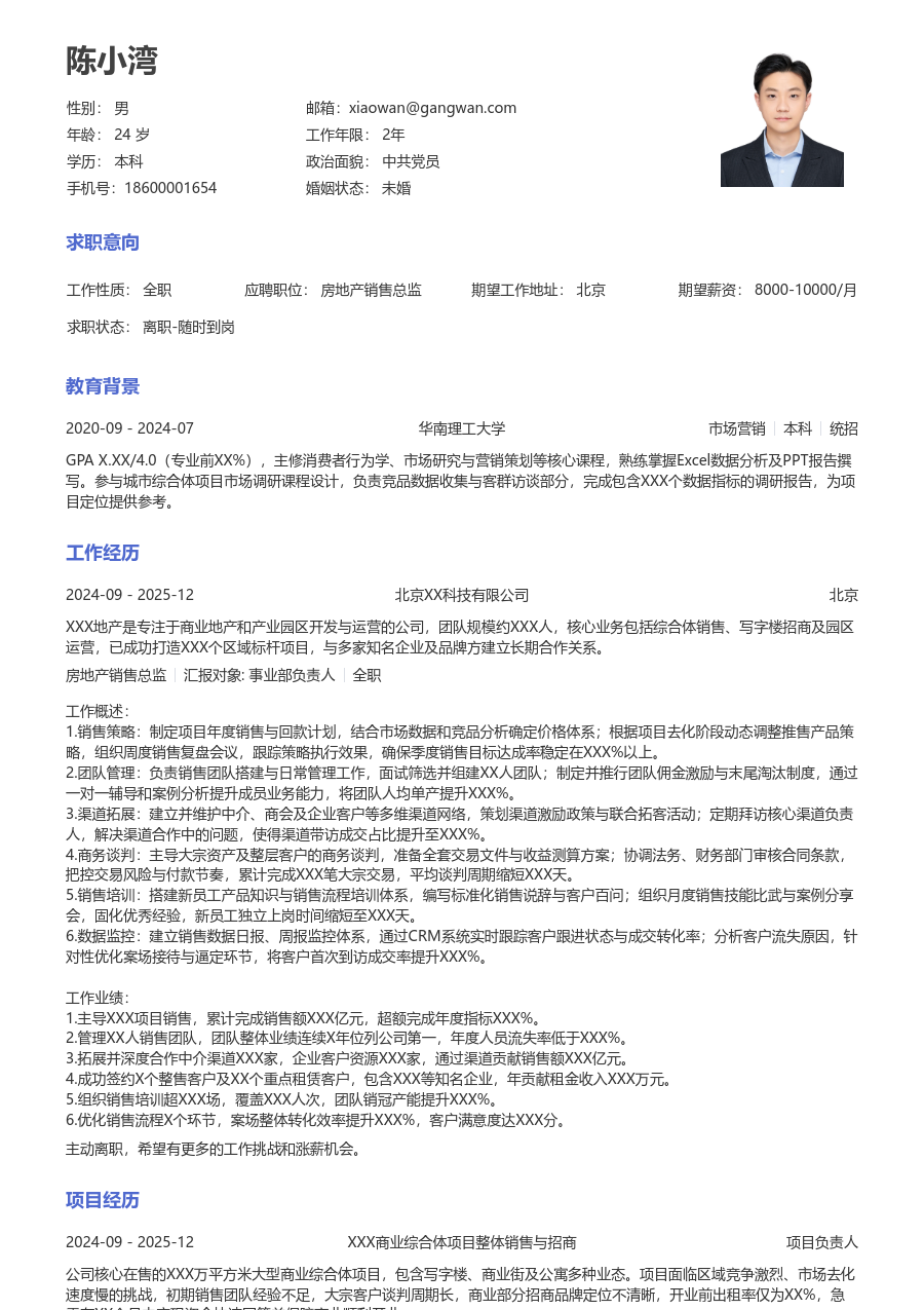 3-5年经验房地产销售总监简历模板(通用版) - 包含工作经历、项目经验的房地产销售总监简历模板预览图