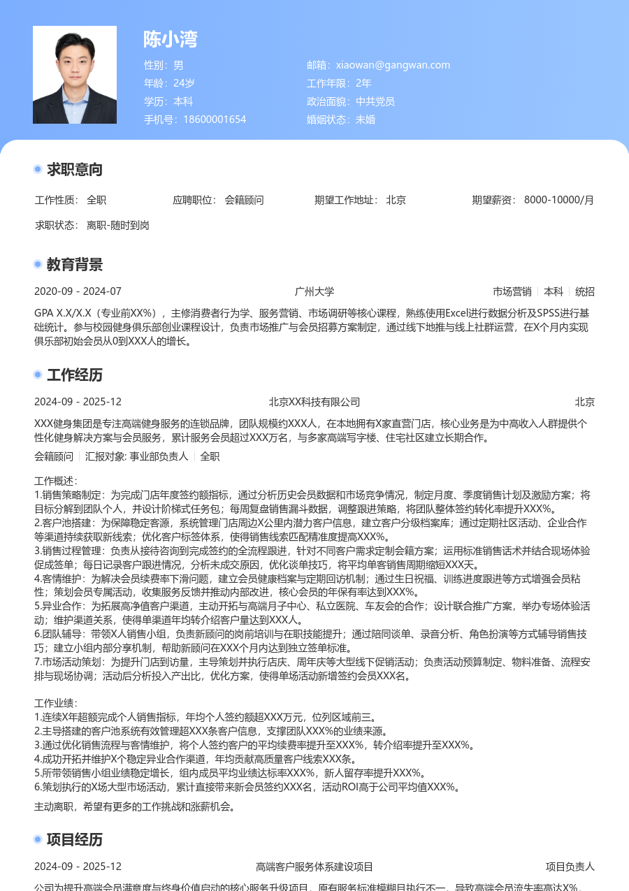 5-10年经验会籍顾问简历模板（专业版）