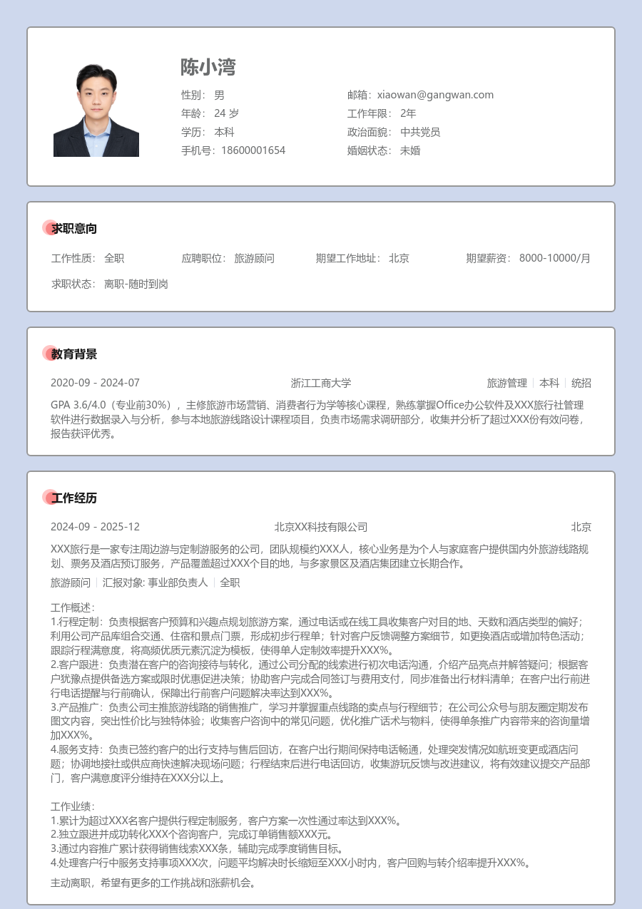 1年内经验旅游顾问简历模板（传统布局）