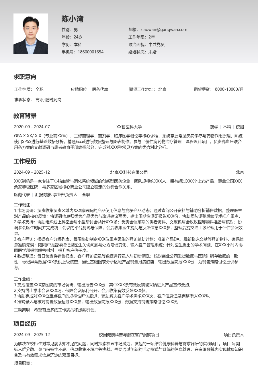 实习生医药代表简历模板（极简排版）