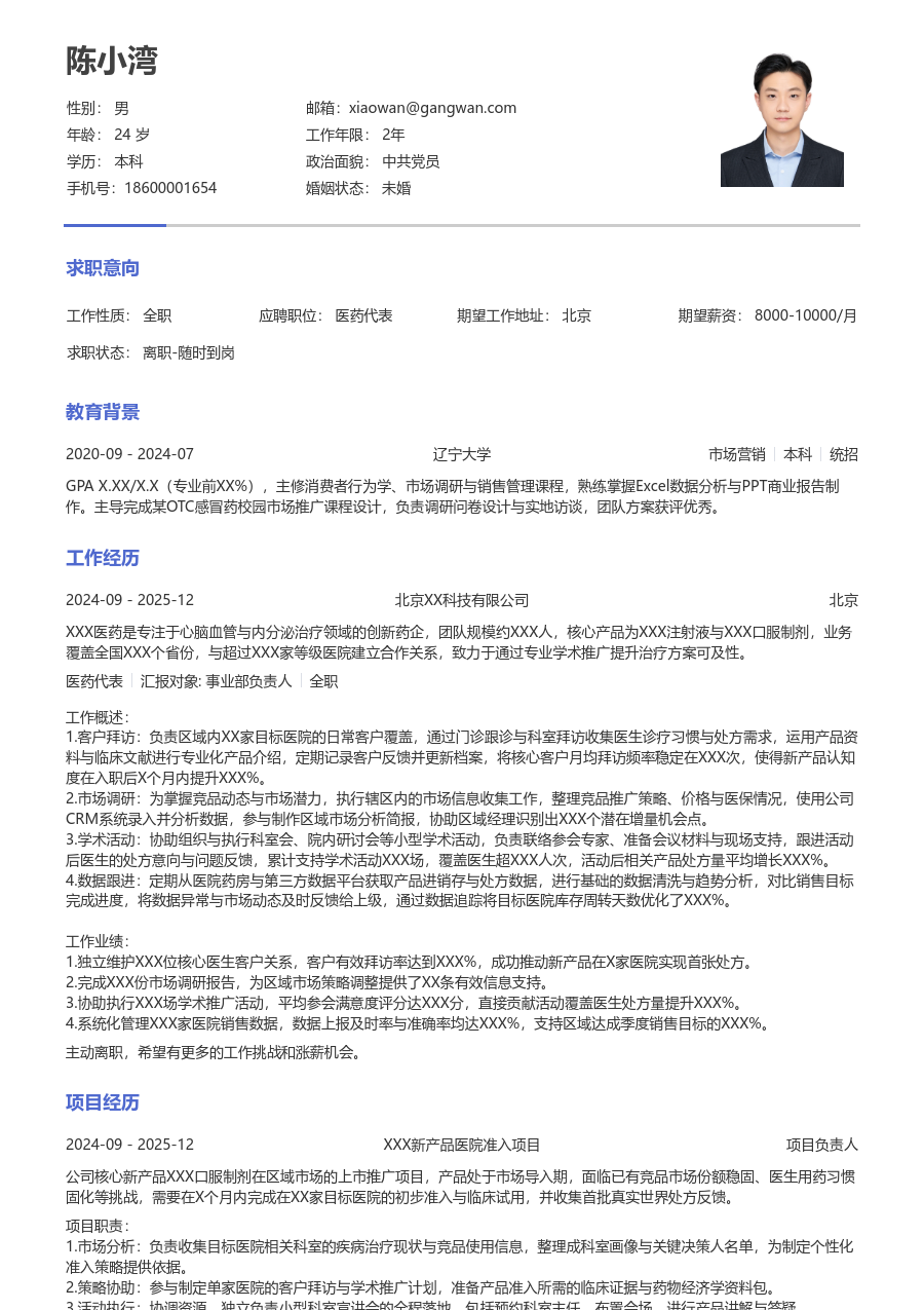 1年内经验医药代表简历模板（严谨格式）