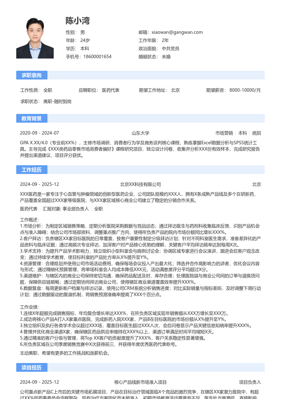 3-5年经验医药代表简历模板（通用版）