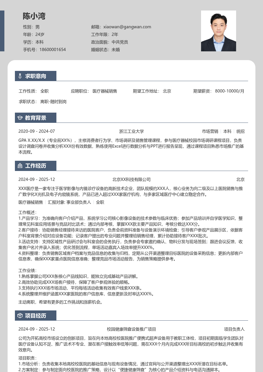 大学生医疗器械销售简历模板（现代版）
