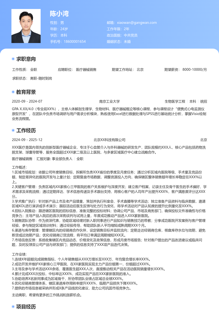 5-10年经验医疗器械销售简历模板（通用格式）