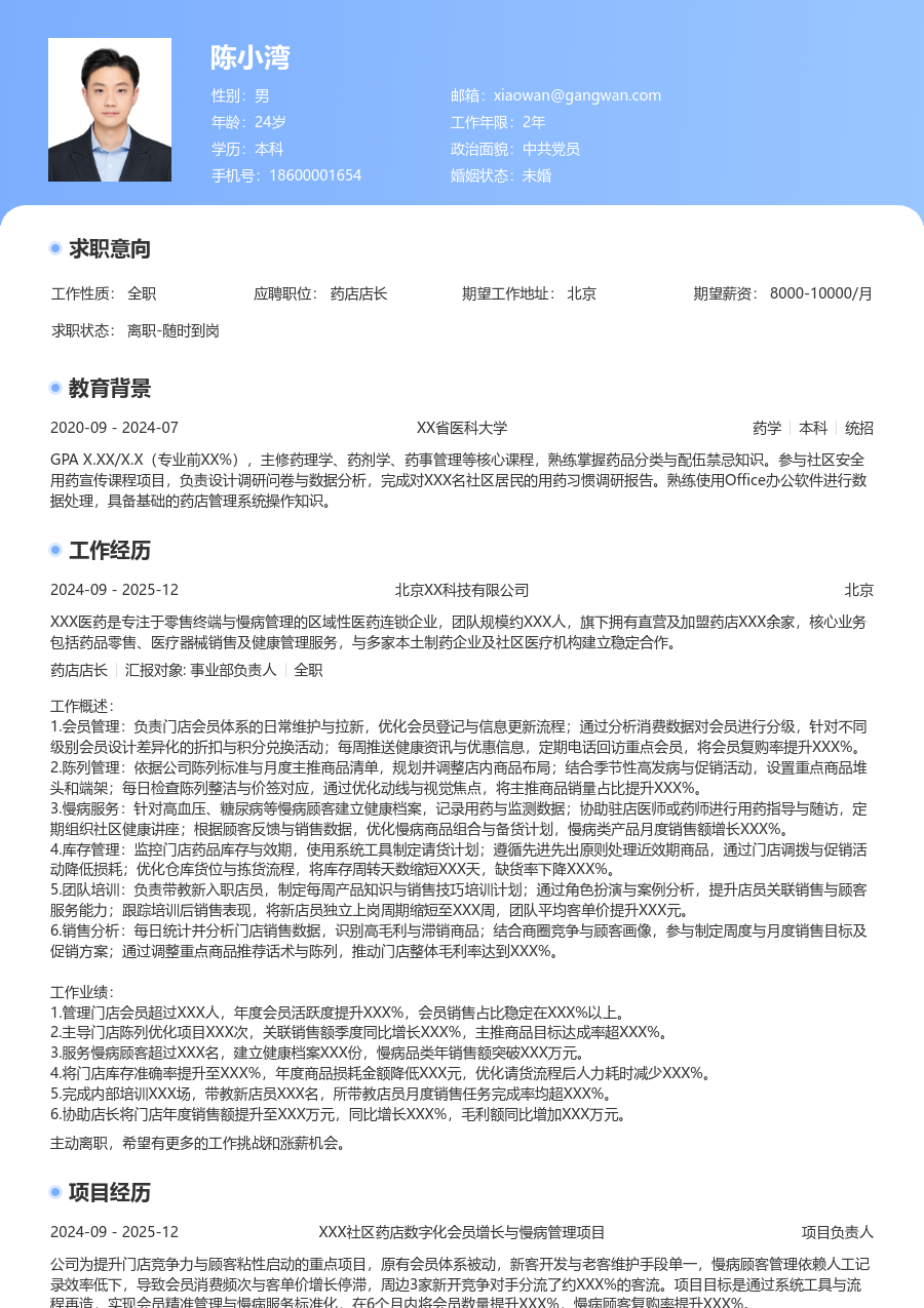 1-3年经验药店店长简历模板（经典布局）