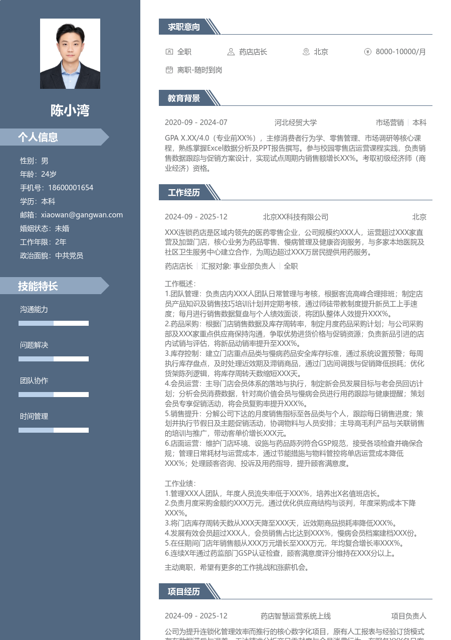 3-5年经验药店店长简历模板（精英风）