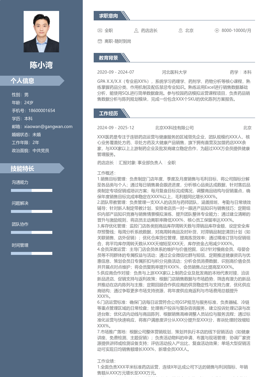 5-10年经验药店店长简历模板（职场版）
