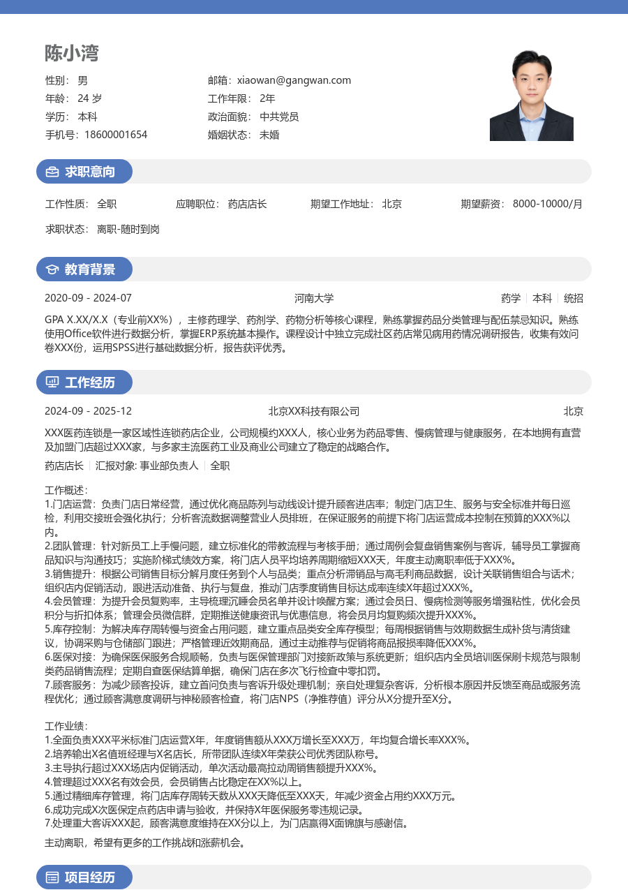 10+年经验药店店长简历模板（圆润风格）