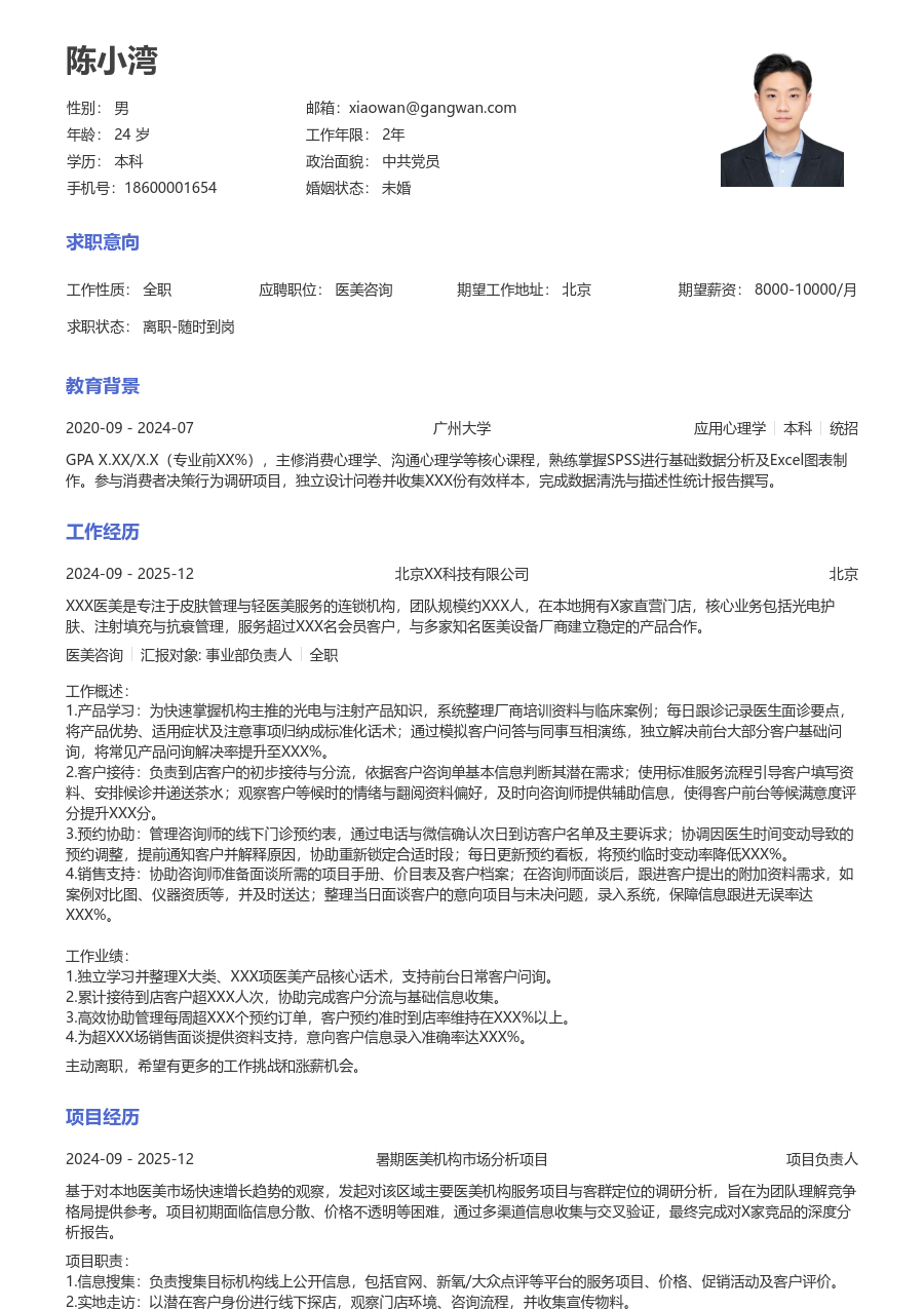 零经验医美咨询简历模板（经典排版）