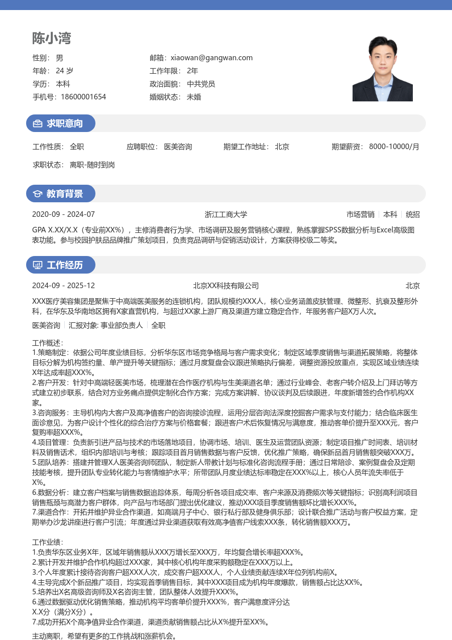5-10年经验医美咨询简历模板（圆润版）
