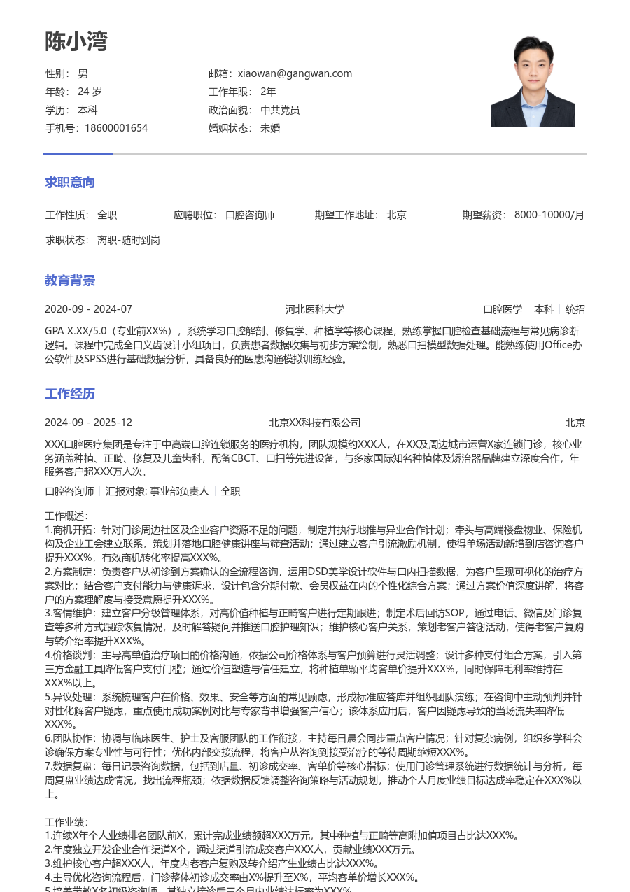 5-10年经验口腔咨询师简历模板（朴素排版） - 包含工作经历、项目经验的口腔咨询师简历模板预览图