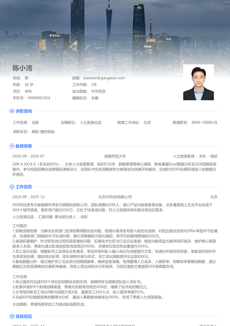 1年内经验人力资源总监简历模板（高端格式）