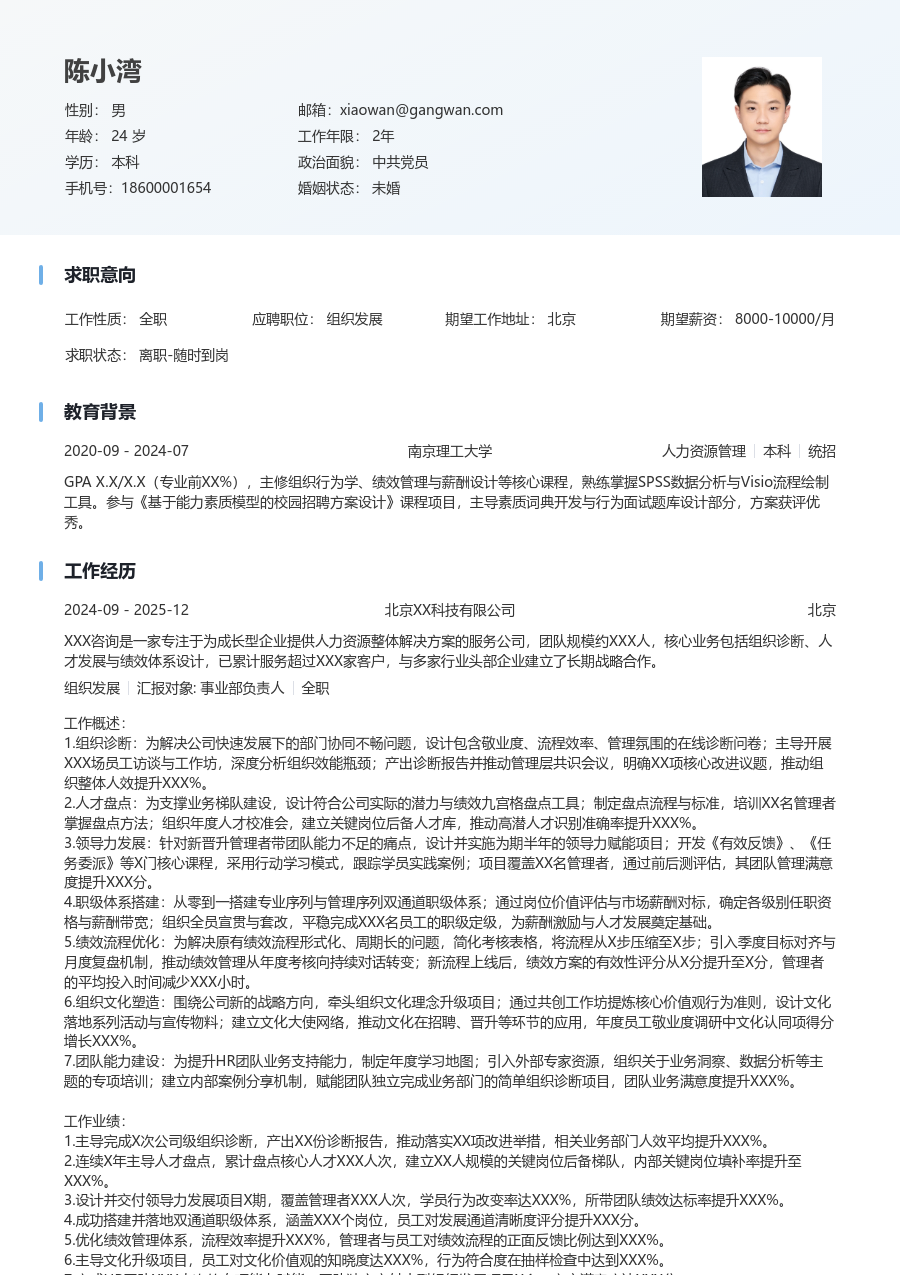 5-10年经验组织发展简历模板（简明布局）