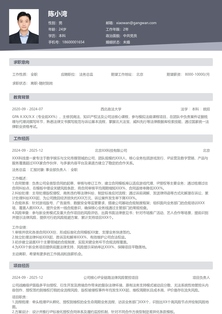 1年内经验法务总监简历模板（传统风格）