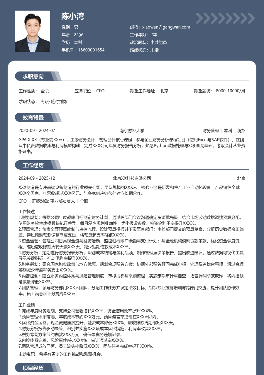 寒暑假实习CFO简历模板（厚重风格）