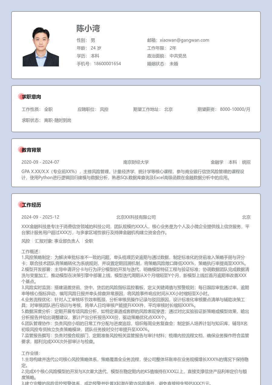 5-10年经验风控简历模板（规范样式）