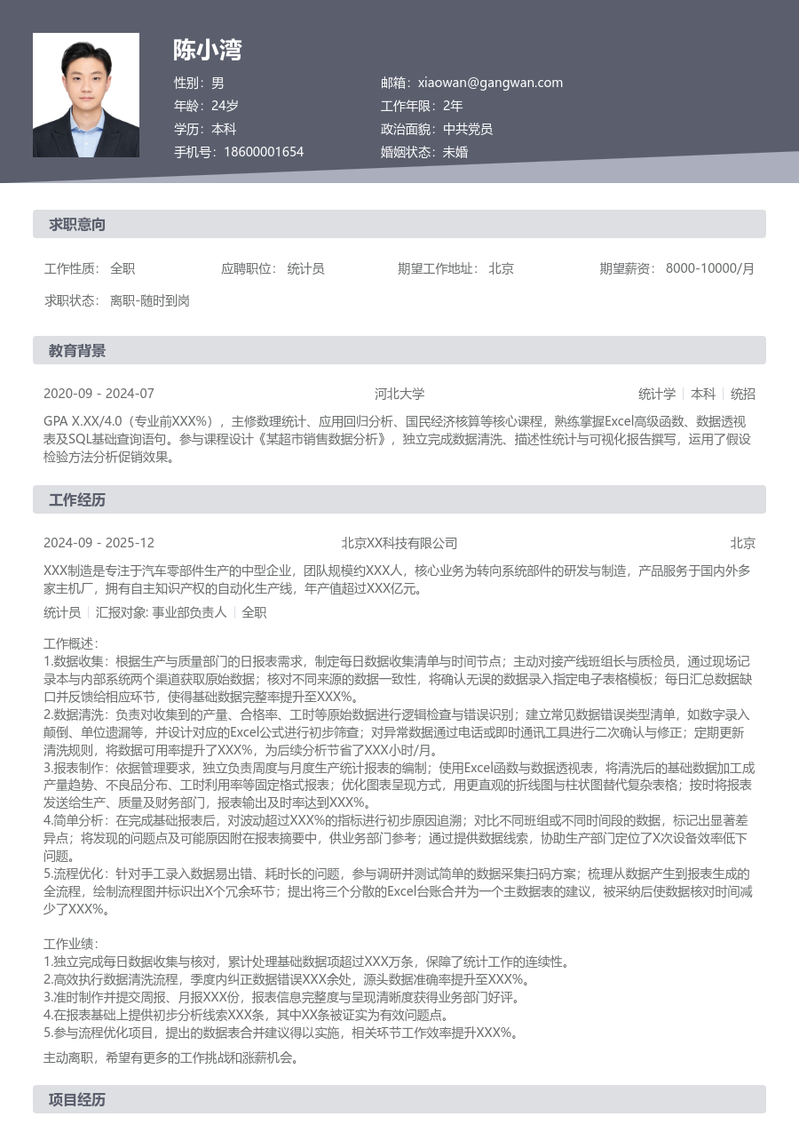 零经验统计员简历模板（基础设计）