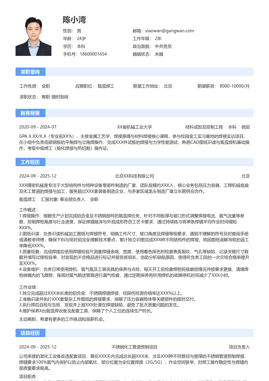 第一份实习氩弧焊工简历模板（规范布局）