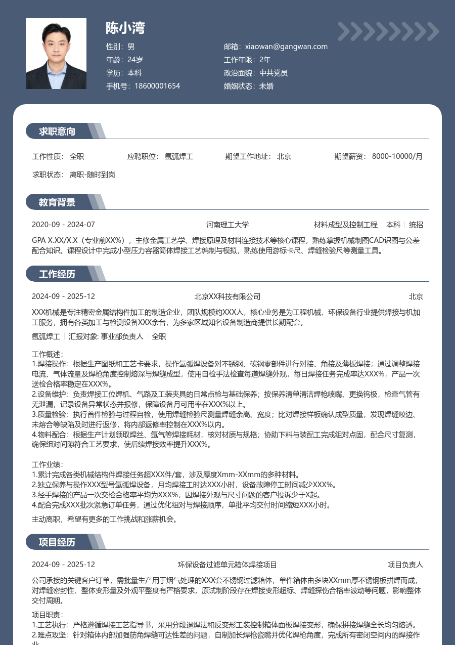 1年内经验氩弧焊工简历模板（稳重格式）
