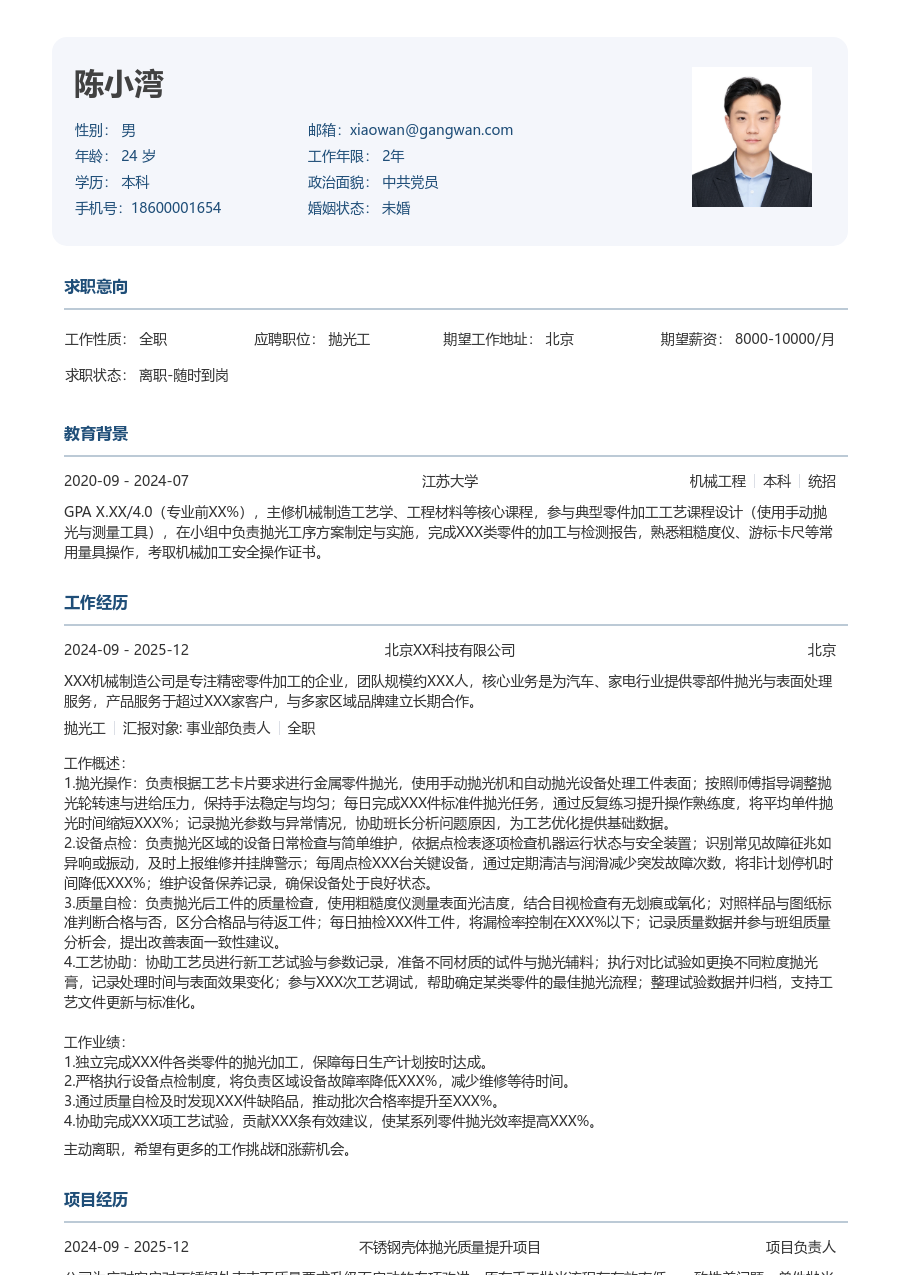 1年内经验抛光工简历模板（正式风格）