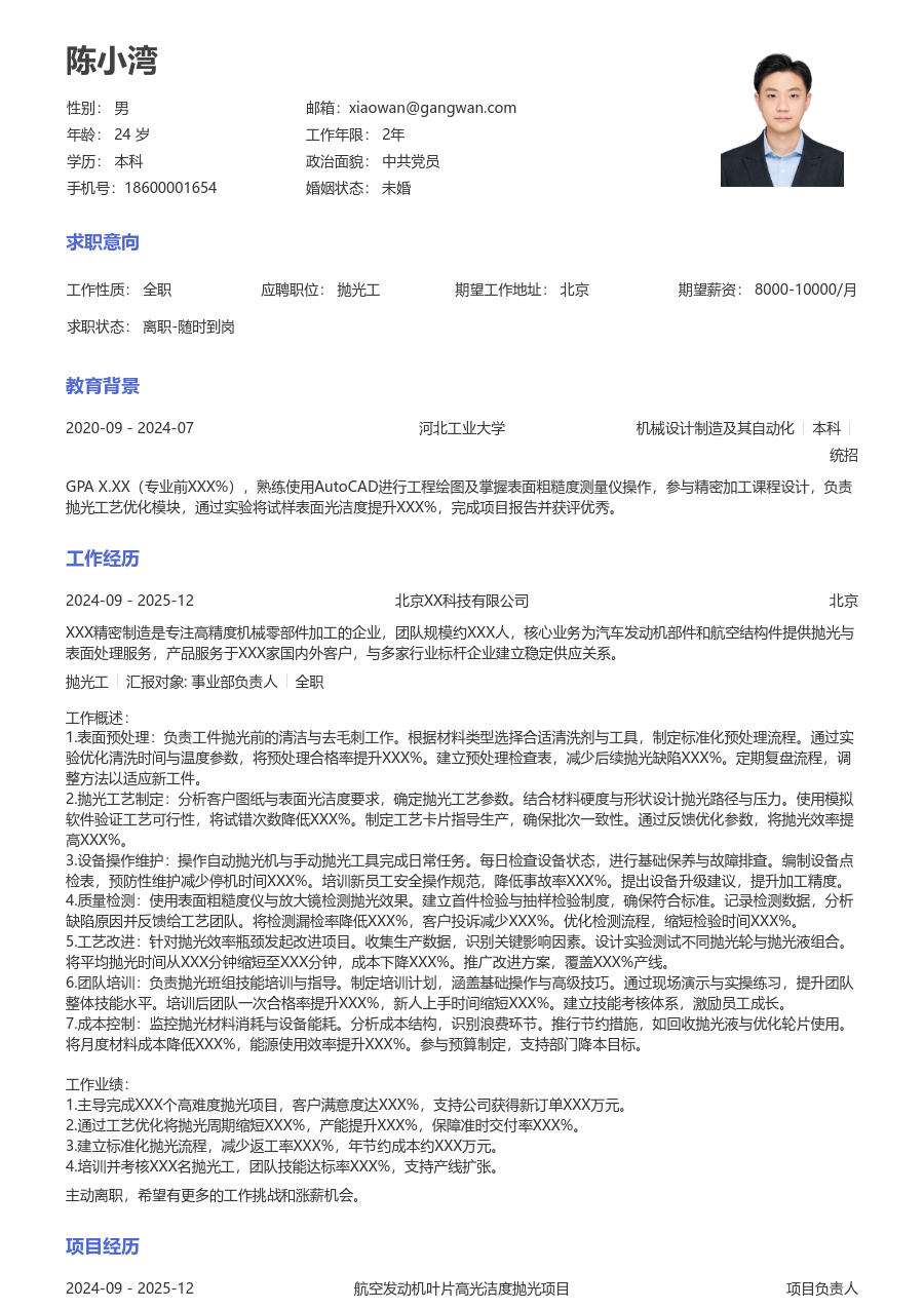 5-10年经验抛光工简历模板（标准款）