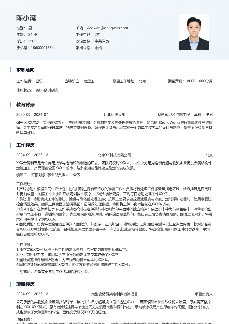 小白喷塑工简历模板（简明风）