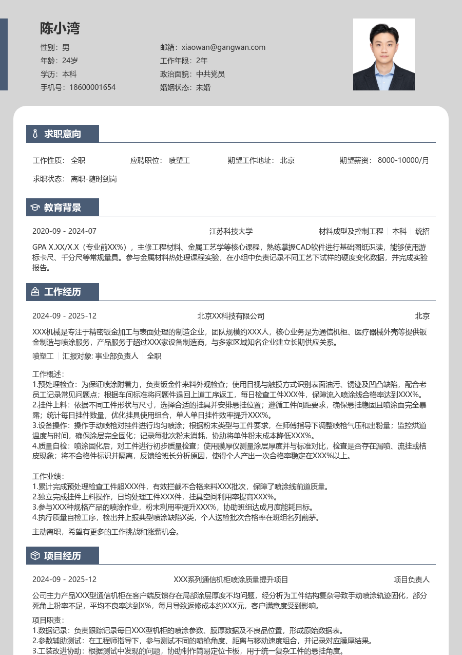 1年内经验喷塑工简历模板（现代样式）