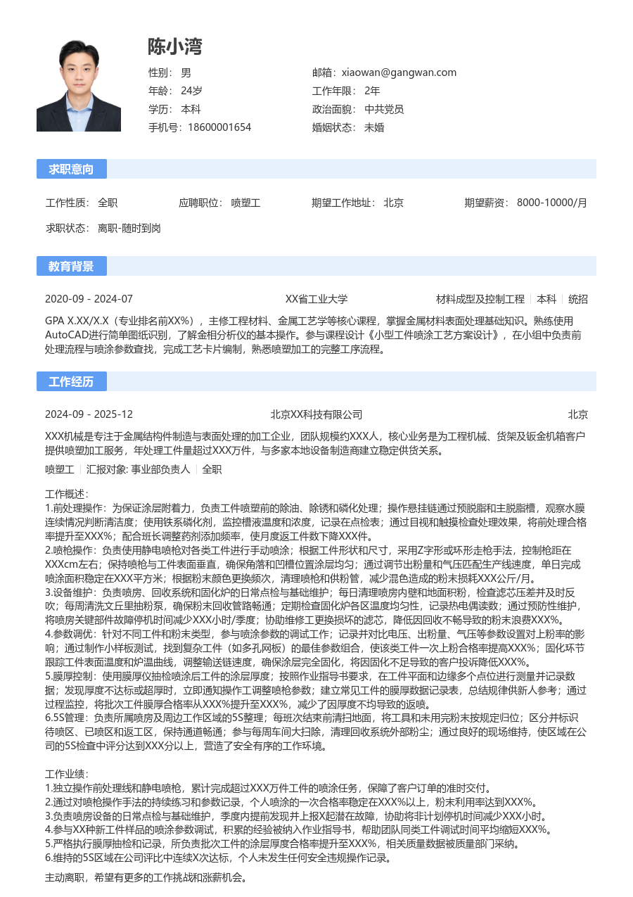 1-3年经验喷塑工简历模板(通用格式) - 包含工作经历、项目经验的喷塑工简历模板预览图