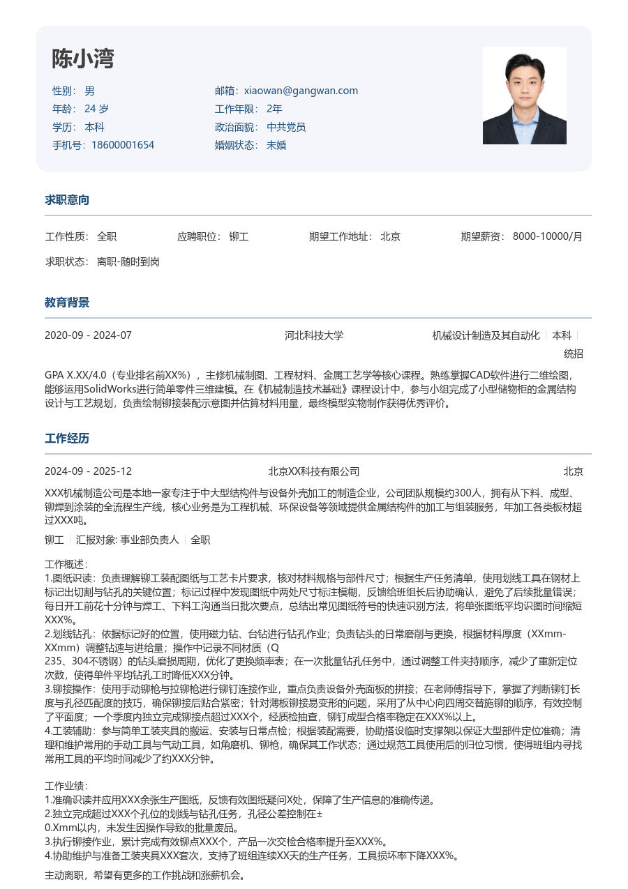 第一份实习铆工简历模板（标准款）